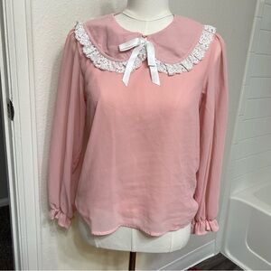 Pink white collar lace bow long sleeve blouse paris european sheer girly spring